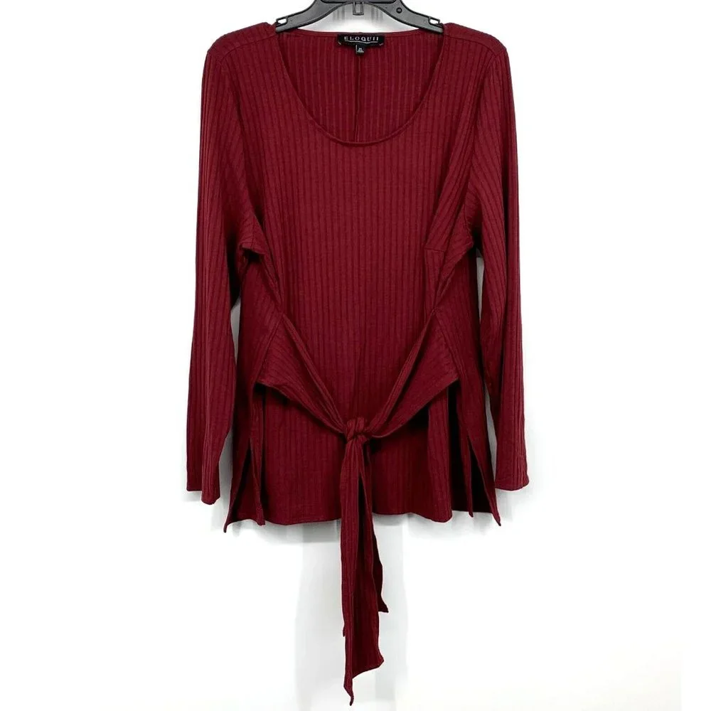 Eloquii Top Red Ribbed Knit Long Sleeve Scoopneck Tie Waist